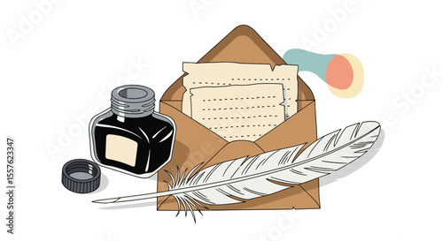 Antique Writing Tools For Correspondence And Artistic Expression With Old Fashioned Quill Pen And Inkwell