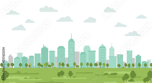 Green urban cityscape illustration: buildings, trees, and a vibrant sky form a harmonious downtown business district skyline