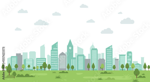 Green urban cityscape illustration: buildings, trees, and a vibrant sky form a harmonious downtown business district skyline