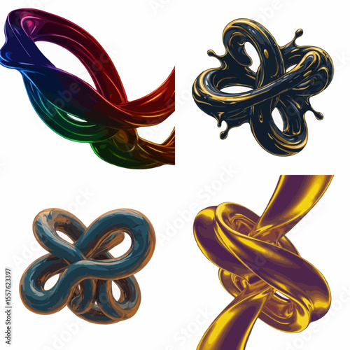 Set of colorful glossy and metallic abstract 3D fluid shapes