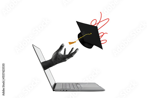 Hand holding graduation cap emerging from laptop screen isolated on a transparent background education