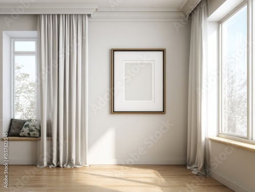 A white room with a window and a picture frame on the wall. The curtains are white and the window is open