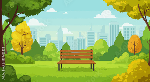 Here's a single sentence for naming an image combining your themes:Vibrant urban park with a lone bench amidst autumn trees and a distant cityscape under a vast sky