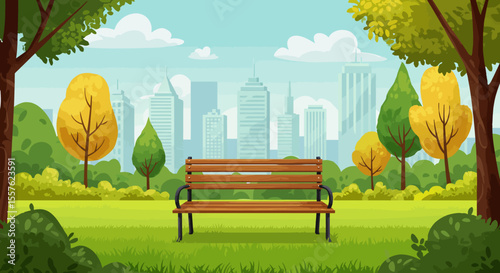 Here's a single sentence for naming an image combining your themes:Vibrant urban park with a lone bench amidst autumn trees and a distant cityscape under a vast sky