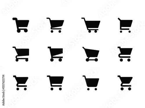 Vector shopping cart icon set with basket, trolley, and shop symbols for retail commerce and web design