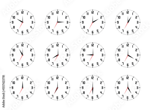 Analog Clock Faces Set - Twelve Timepieces with Hour & Minute Hands