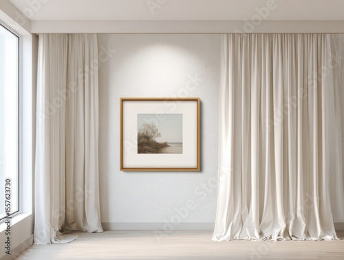 A framed picture of a tree is hanging on a wall. The curtains are white and the room is empty