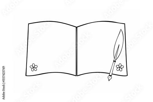 Open book with quill and flowers pages feather