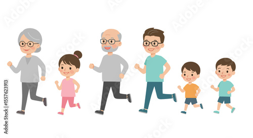 Happy diverse cartoon kids and young adults in playful poses, a fun group illustration