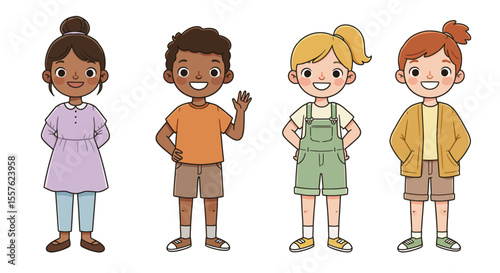Cartoon illustration of smiling children in a park, forming a circle and a row, showing friendship and fun