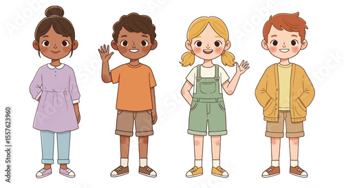 Cartoon illustration of smiling children in a park, forming a circle and a row, showing friendship and fun