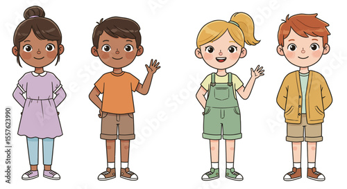 Cartoon illustration of smiling children and girls in various poses and clothes