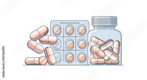 Pharmaceuticals medication packaging and pills for health and wellness treatment