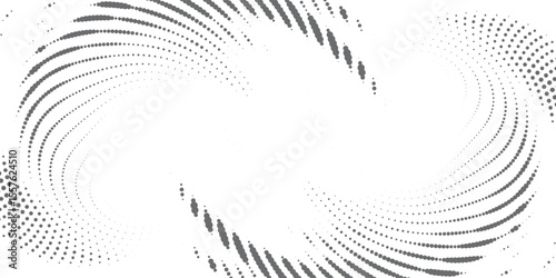 Set of dotted curved abstract shapes. Dotted pattern in halftone theme. Curved and twisted abstract gradients. Vector design element in black and white color.