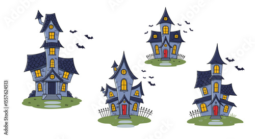 Spooky Haunted Houses with Bats Flying Around in Pixel Art Style for Halloween