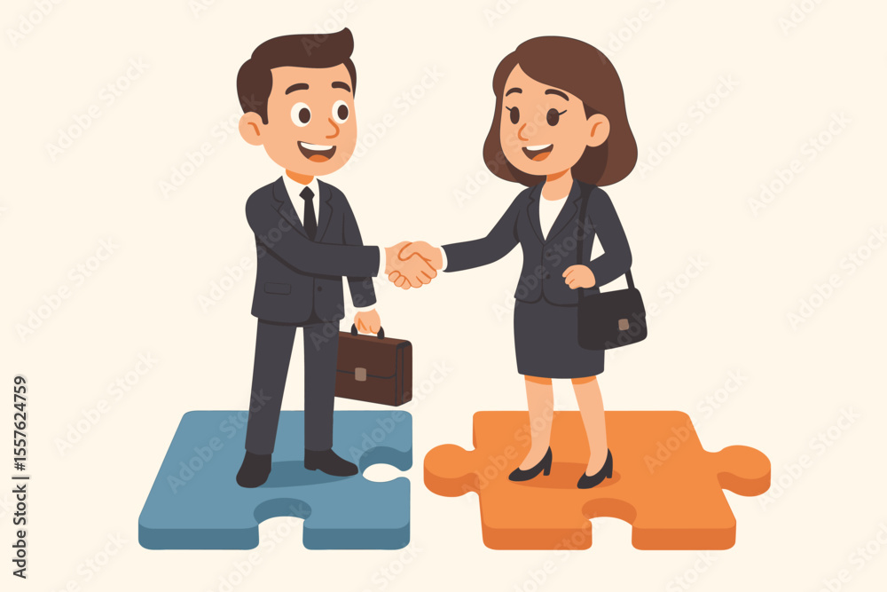 Obraz premium Business partnership handshake concept. Cartoon businessman and businesswoman in suits shaking hands on puzzle pieces. Teamwork, collaboration, agreement, deal, cooperation, vector illustration.