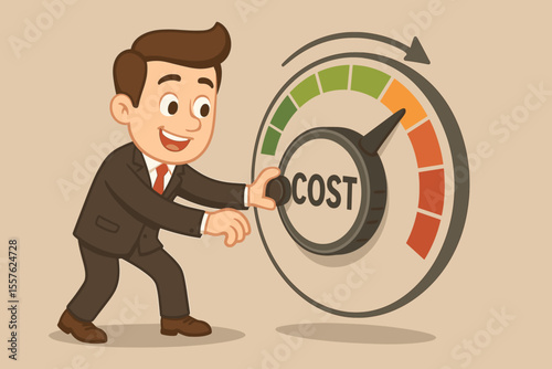 Cost reduction concept with a businessman turning a cost dial to lower expenses. Financial management and budget control. Business optimization strategy for saving money. Cartoon illustration.