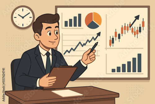 Businessman analyzing financial charts for investment strategy. Man at desk with stock market data, candlestick graph, and growth arrow. Business analytics and success concept.
