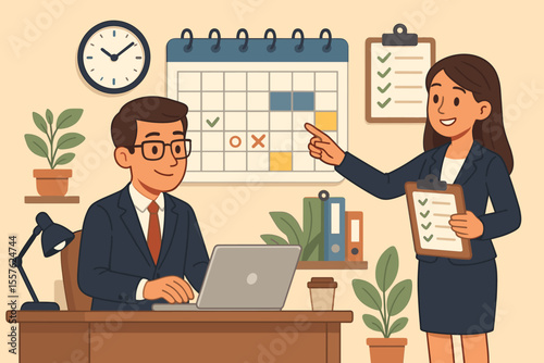 Business people planning work schedule on calendar. Manager and assistant coordinating tasks and deadlines. Office teamwork, project management, and time organization concept.
