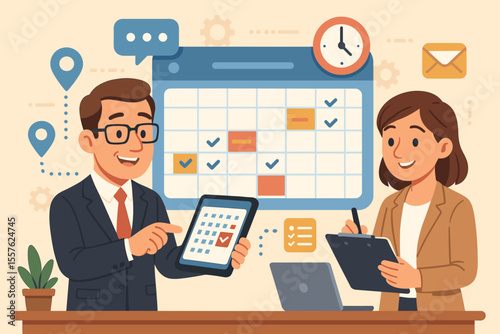 Business team planning office schedule with digital tablet and clipboard, cartoon businesspeople organizing tasks, teamwork, time management, workflow, calendar, project management, office concept