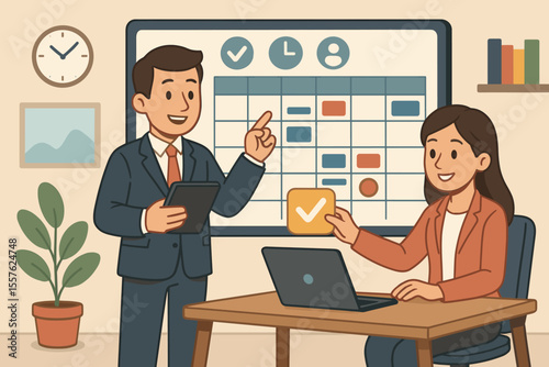 Business team planning office schedule with digital tools. Cartoon vector illustration of project management, teamwork, meeting, time management, calendar, workflow, collaboration in workplace