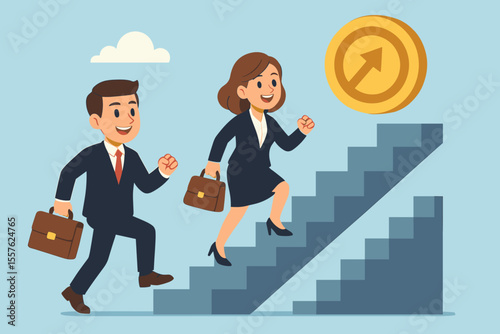 Businessman and businesswoman climbing stairs to success, teamwork, career growth, leadership, ambition, goal achievement, professional development, upward progress, vector cartoon illustration