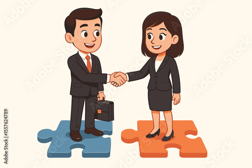 Cartoon business partnership handshake, man and woman in suits standing on puzzle pieces, teamwork collaboration, corporate agreement, deal, cooperation, vector illustration, office concept