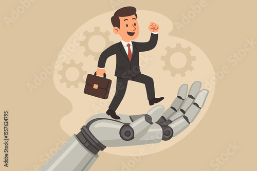 Businessman standing confidently on robotic hand, symbolizing artificial intelligence automation, digital transformation, future of work, corporate support, technology in business, vector illustration