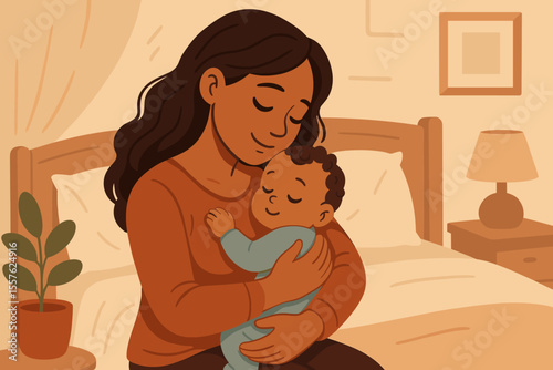 Loving mother holding and nurturing baby in cozy bedroom. Tender parent and child embrace. Family affection, warmth, motherhood, bonding, maternal care concept. Vector cartoon illustration.