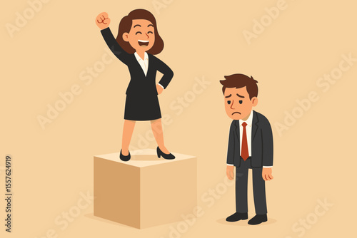 Confident businesswoman standing victoriously on podium, raising fist in triumph over disappointed businessman. Gender equality, workplace competition, leadership, career success, empowerment concept