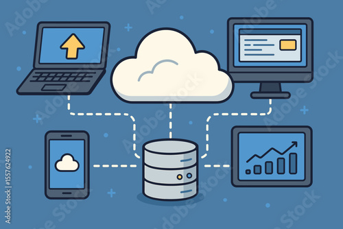 Cloud computing network illustration with connected devices, data storage, server, database, laptop, desktop, smartphone, tablet, analytics, digital technology, cartoon vector concept