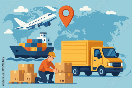 Global Cargo Delivery Logistics Transportation Vector. International Shipping by Airplane, Cargo Ship, Truck. Freight Forwarding, Supply Chain, Distribution, Export Import, Worldwide Package Handling