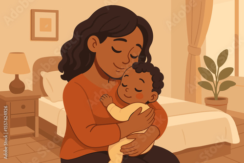 Loving mother embracing and nurturing her happy infant child with care and affection in a cozy bedroom setting, warm family moment, vector cartoon illustration