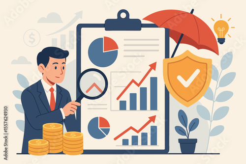 Financial analysis investment growth risk management. Businessman with magnifying glass, charts, graphs, shield, umbrella, coins. Economic strategy, protection, profit, insurance concept vector