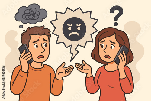 Confused couple discussing mental health issues over phone. Cartoon man and woman talking about negative emotions, stress, anxiety, communication problems, relationship conflict, misunderstanding