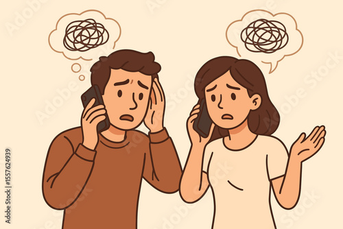 Confused couple discussing mental health issues on phone. Anxiety, stress, communication problems, negative thoughts. Cartoon vector illustration. Relationship conflict, emotional support concept.
