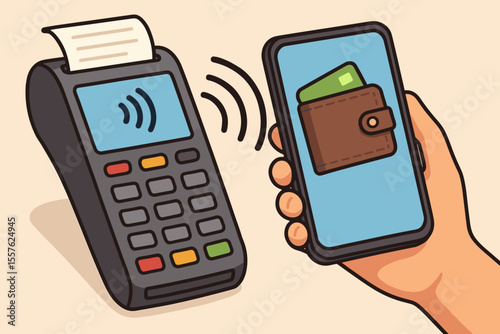 Contactless payment with smartphone digital wallet at POS terminal. NFC wireless transaction, mobile banking, cashless purchase, secure electronic payment, vector cartoon illustration, fintech concept