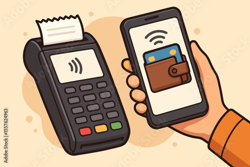Contactless payment with smartphone digital wallet at POS terminal. NFC technology, mobile banking, wireless transaction, secure checkout, cashless purchase concept. Vector illustration