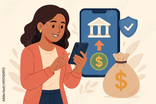 Secure online banking transaction. Woman using smartphone app for digital money transfer, safe deposit, mobile finance management. Financial technology, secure payment, bank app vector illustration