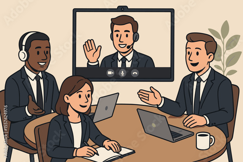 Business Team Virtual Meeting Collaboration. Diverse Professionals in Office Conference Call, Remote Work, Online Discussion, Brainstorming, Technology Communication, Cartoon Vector Illustration