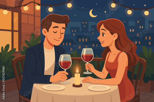 Romantic couple enjoying wine at outdoor restaurant terrace, candlelight dinner date, city night skyline, festive string lights, love celebration, vector cartoon illustration