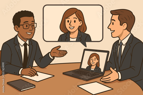Business professionals collaborating in hybrid meeting. Office teamwork, virtual conference call, remote work, corporate discussion, cartoon vector illustration. Technology, communication, workplace.