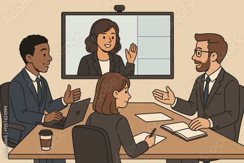 Business Team Collaboration Meeting with Video Conference Call, Diverse Professionals Discussing Strategy, Office Work, Remote Communication, Corporate Brainstorming, Vector Cartoon Illustration