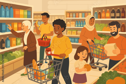 Diverse group of people shopping in supermarket, grocery store interior, customers with carts and baskets choosing food, multicultural family, senior, child, healthy lifestyle, retail concept vector