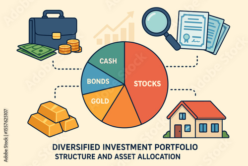 Diversified investment portfolio asset allocation strategy vector illustration. Pie chart with stocks, bonds, cash, gold, real estate. Financial planning, wealth management, risk reduction concept