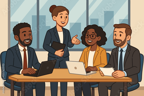 Diverse business team collaboration meeting in modern office. Cartoon vector illustration of multicultural professionals discussing project, teamwork, brainstorming, laptops, corporate workspace