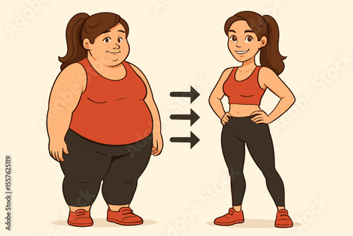 Female weight loss transformation before and after, fitness journey progress, body slimming, healthy lifestyle change, motivation, cartoon vector illustration, exercise, diet, inspiration