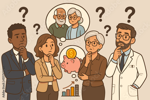 Diverse professionals considering retirement planning, financial savings, pension investment, elderly care, future security, money management, economic growth, cartoon vector illustration
