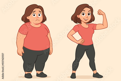 Weight Loss Transformation Woman Before After Fitness Journey. Body Change Slimming Success. Healthy Lifestyle Motivation. Female Fat to Fit Progress. Vector Cartoon Illustration. Wellness Concept
