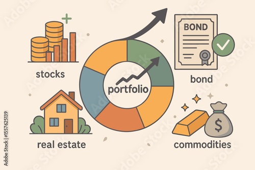 Diversified investment portfolio allocation vector illustration. Stocks, bonds, real estate, commodities. Financial planning, wealth management, risk return balance, asset diversification concept